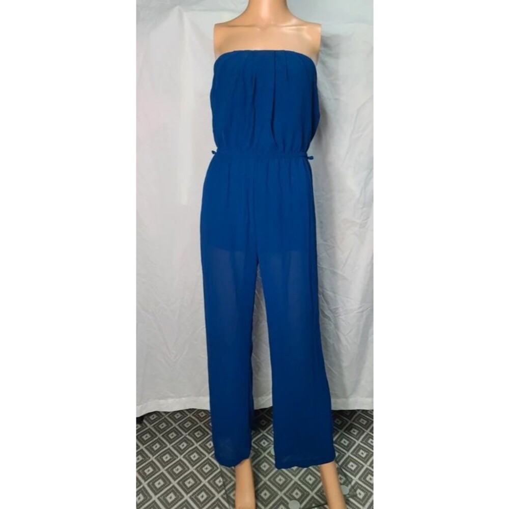 Iris Los Angeles Blue Strapless Pleated Bodice Elastic Waistband Jumpsuit Small